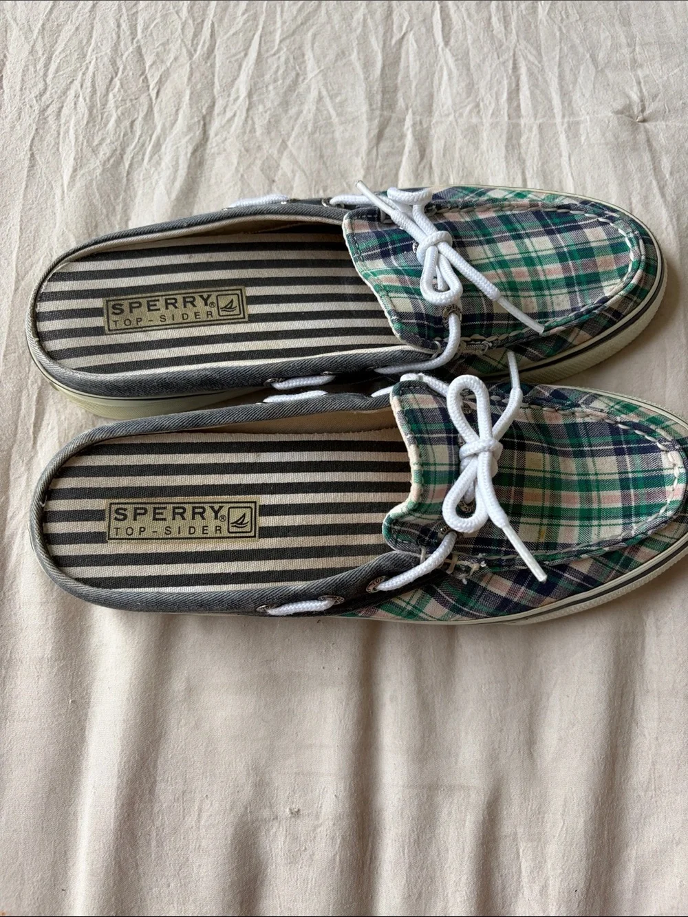 Sperry Plaid Canvas Slip-On Flats in Green, Navy & White